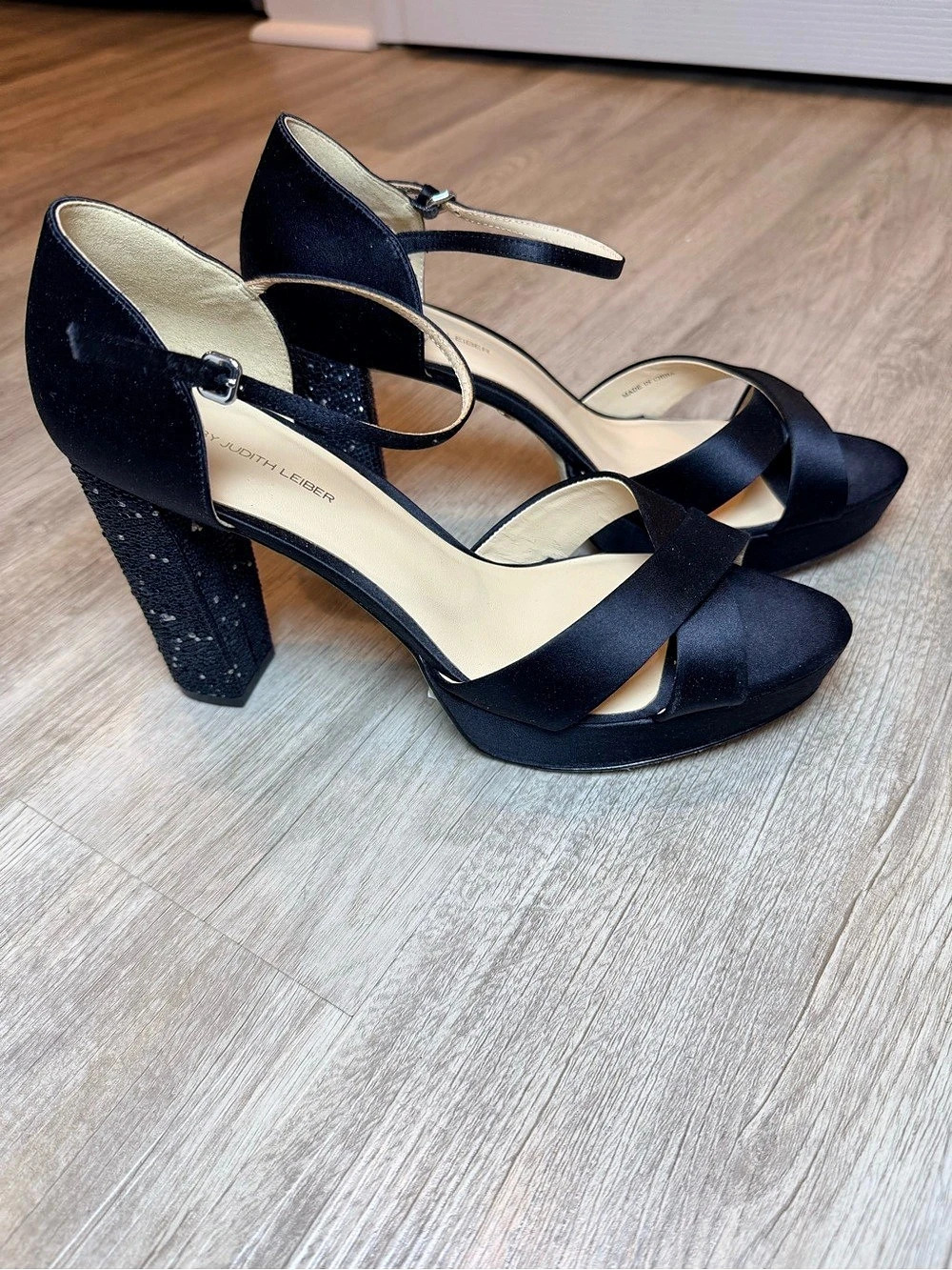 By Judith Leiber Black Satin Crystal Block Heel Platform Sandals Size 10 EU 42